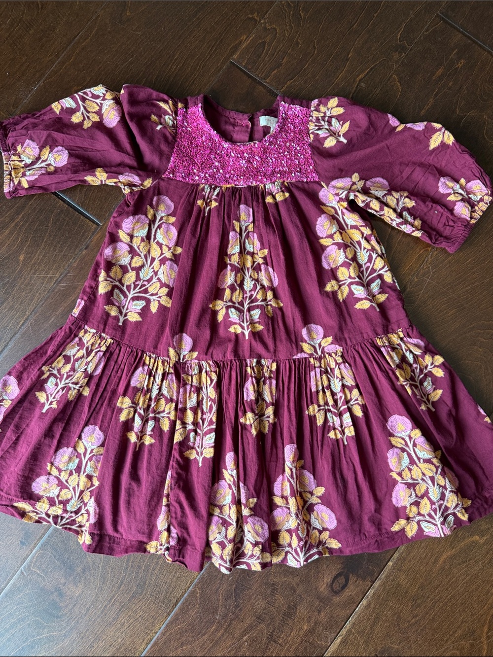 PINK CHICKEN: Burgundy Floral Smocked Dress with Pink & Gold Embroidery